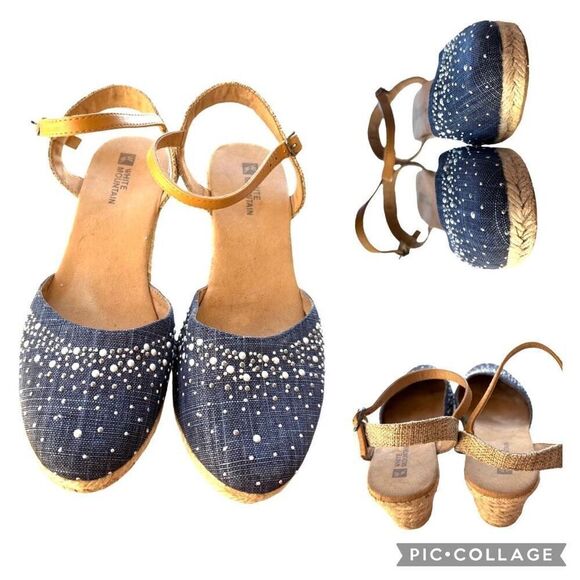 White Mountain Navy Denim Espradilles Wedge Beaded Metallic Sandals NWOB Size 8 - Picture 5 of 8